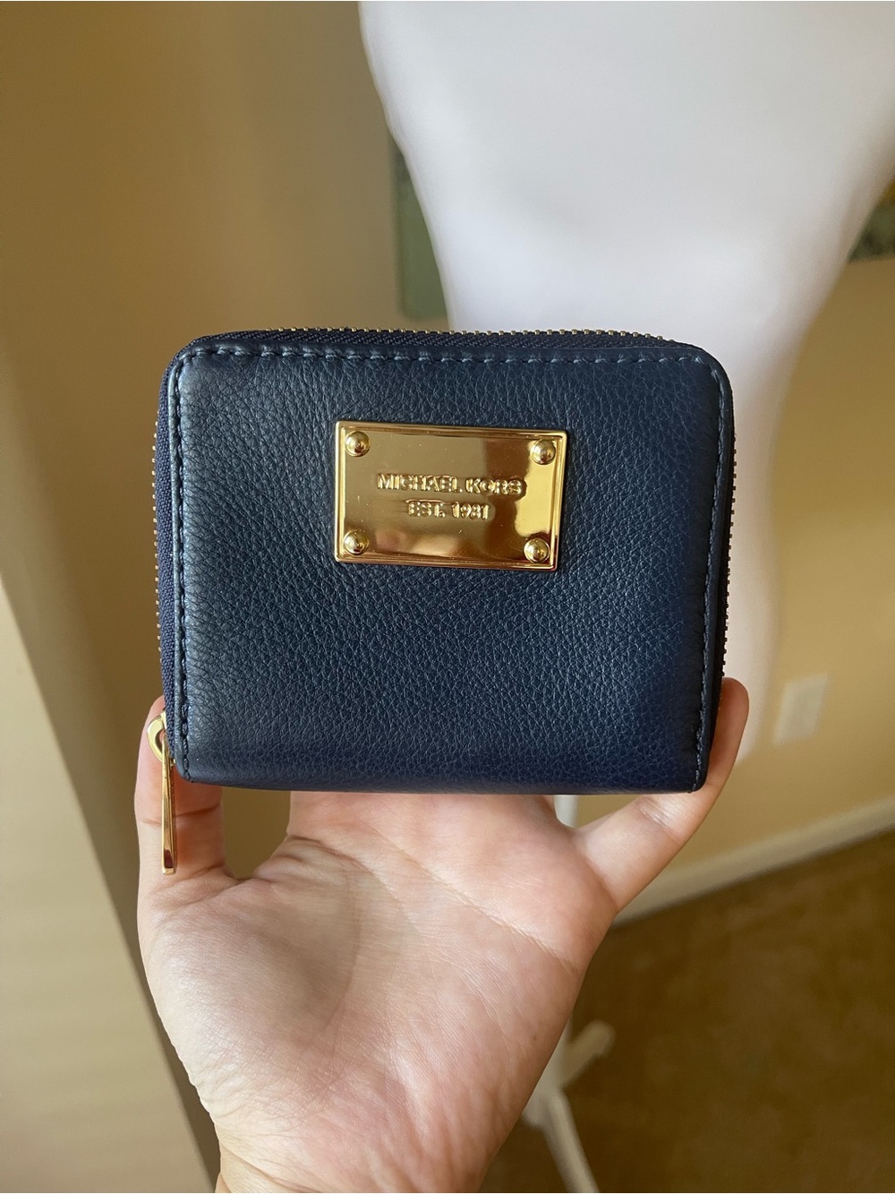 Michael Kors Pebbled Navy Zip-Around Card Wallet with Gold Plaque